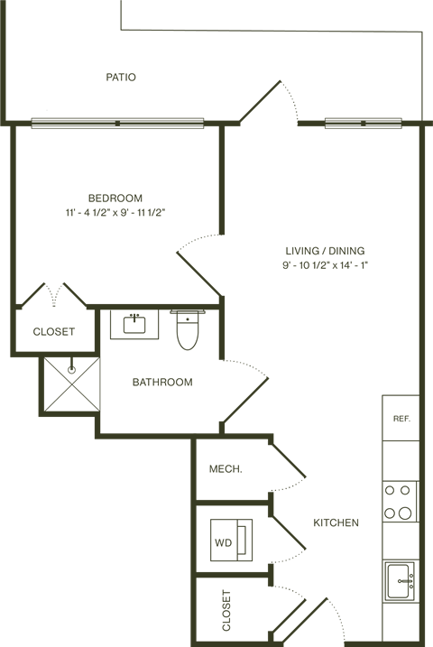 Floor plan for 1 bed, 1 bath, 522 sqft